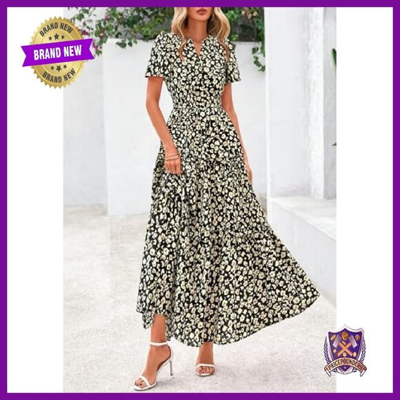 Boho Maxi Dress with Pockets, V-Neck, Tiered Flowy Summer Beach Dress - Picture 5 of 8